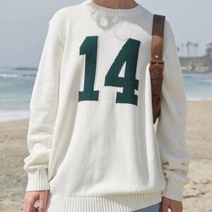 Brandy Melville White & Green Nico 14 Letter Sweater One Size Fits All